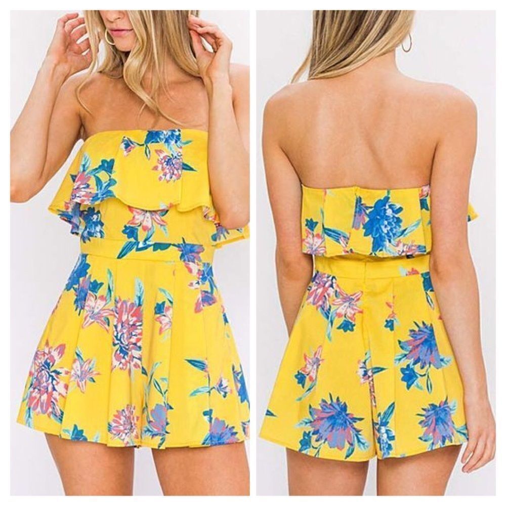 Flying Tomato Floral Pleated Strapless Romper Sz S